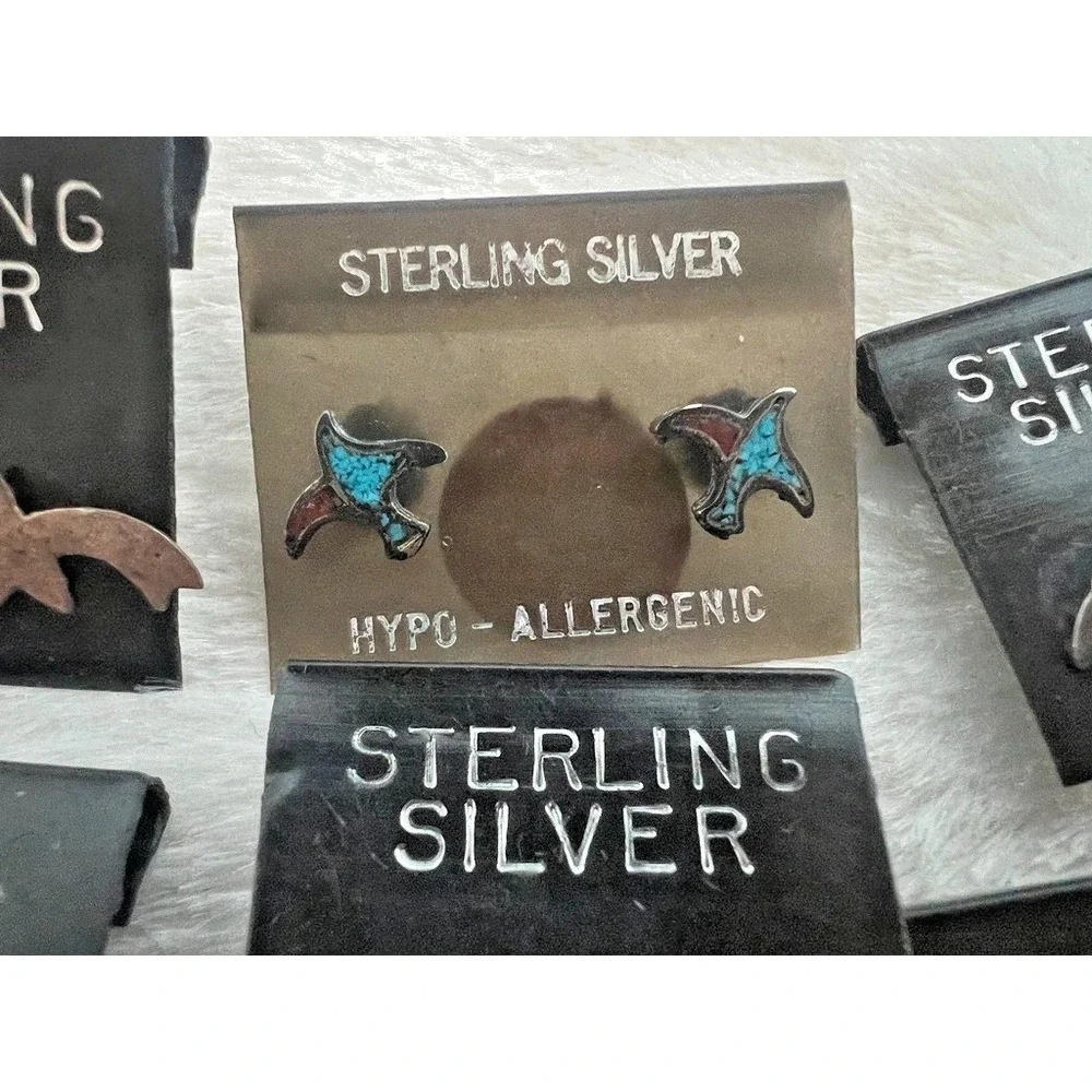 Lot Sterling Silver Stud Earrings Tiny Lightning Bolt Moon Star Rain Turquoise - Picture 5 of 13